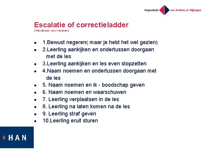 Escalatie of correctieladder (Handboek voor leraren) l l l l l 1. Bewust negeren(