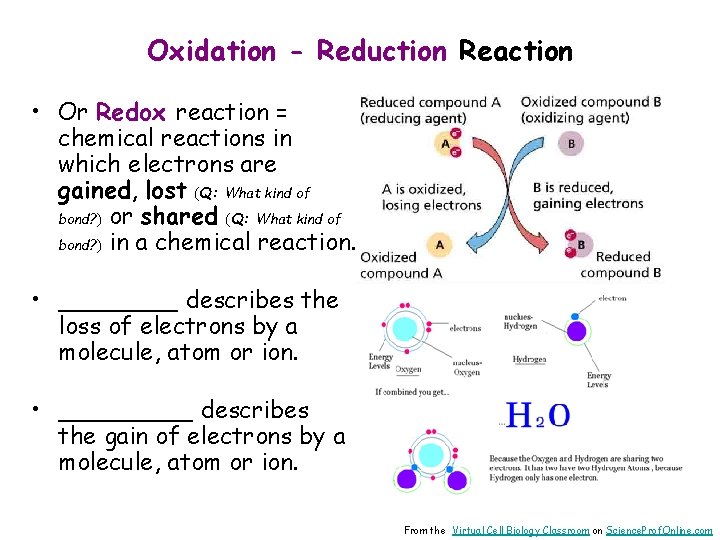 Oxidation - Reduction Reaction • Or Redox reaction = chemical reactions in which electrons