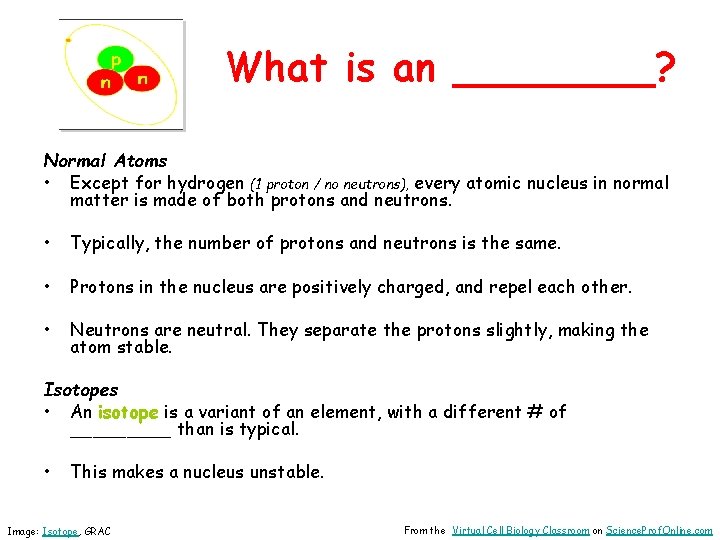 What is an ____? Normal Atoms • Except for hydrogen (1 proton / no
