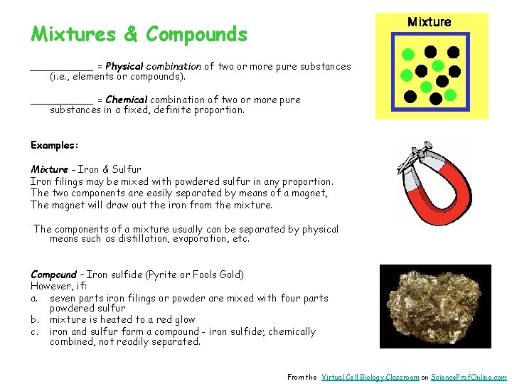 Mixtures & Compounds _____ = Physical combination of two or more pure substances (i.