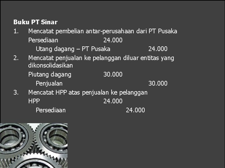 Buku PT Sinar 1. Mencatat pembelian antar-perusahaan dari PT Pusaka Persediaan 24. 000 Utang