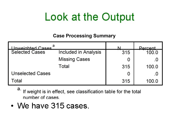 Look at the Output • We have 315 cases. 