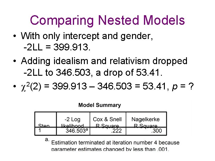 Comparing Nested Models • With only intercept and gender, -2 LL = 399. 913.