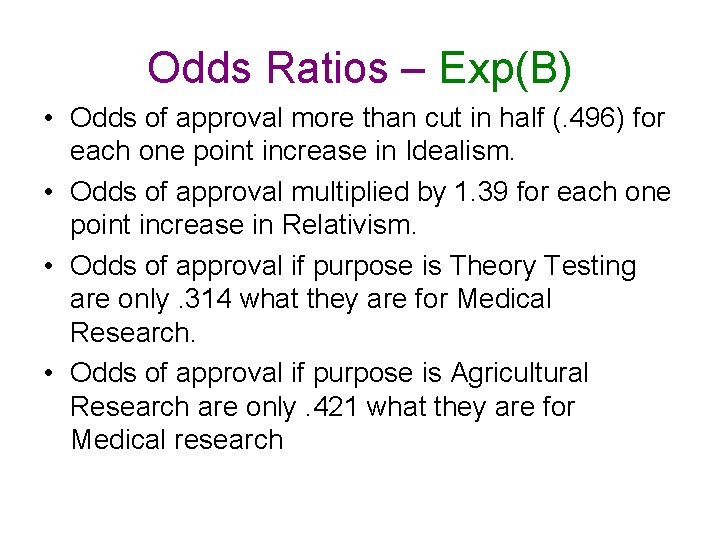 Odds Ratios – Exp(B) • Odds of approval more than cut in half (.