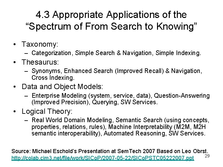 4. 3 Appropriate Applications of the “Spectrum of From Search to Knowing” • Taxonomy: