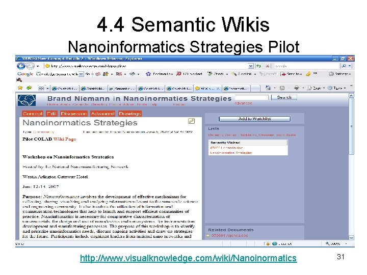 4. 4 Semantic Wikis Nanoinformatics Strategies Pilot http: //www. visualknowledge. com/wiki/Nanoinormatics 31 