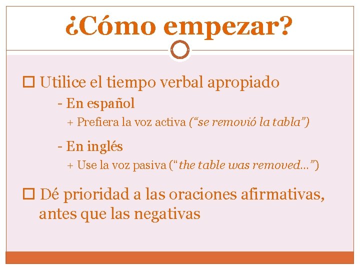 ¿Cómo empezar? Utilice el tiempo verbal apropiado - En español + Prefiera la voz