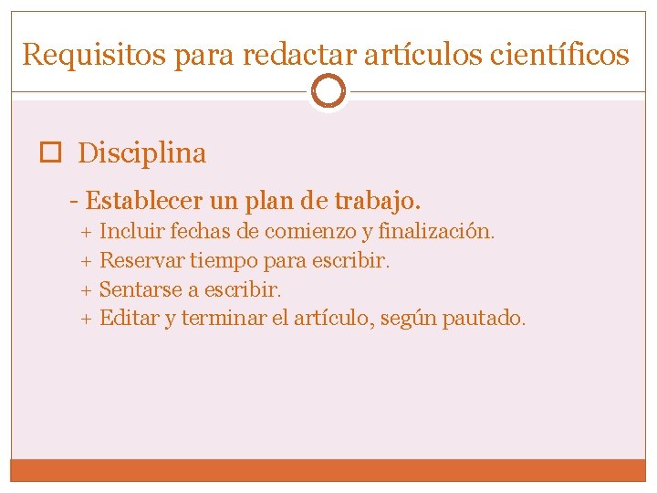 Requisitos para redactar artículos científicos Disciplina - Establecer un plan de trabajo. + Incluir