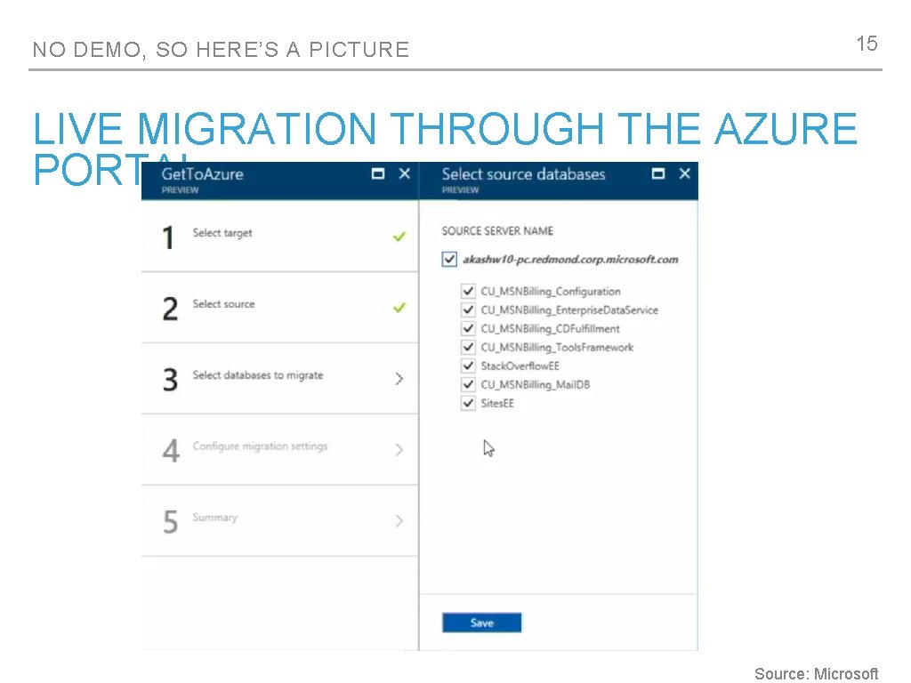 NO DEMO, SO HERE’S A PICTURE 15 LIVE MIGRATION THROUGH THE AZURE PORTAL Source: