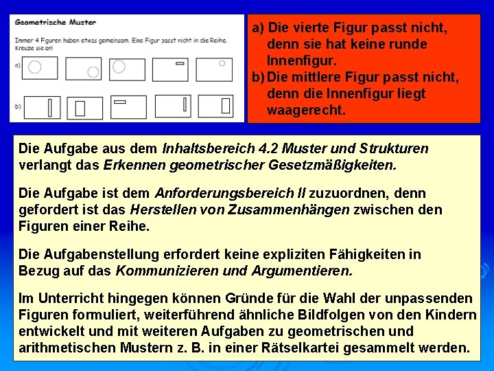a) Die vierte Figur passt nicht, denn sie hat keine runde Innenfigur. b) Die