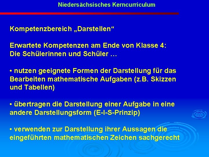 Niedersächsisches Kerncurriculum Kompetenzbereich „Darstellen“ Erwartete Kompetenzen am Ende von Klasse 4: Die Schülerinnen und