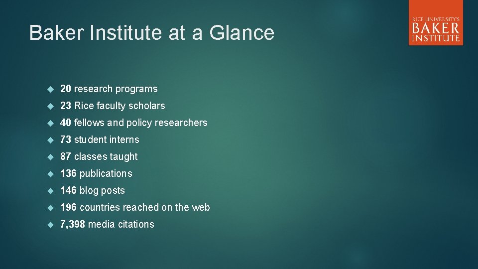 Baker Institute at a Glance 20 research programs 23 Rice faculty scholars 40 fellows