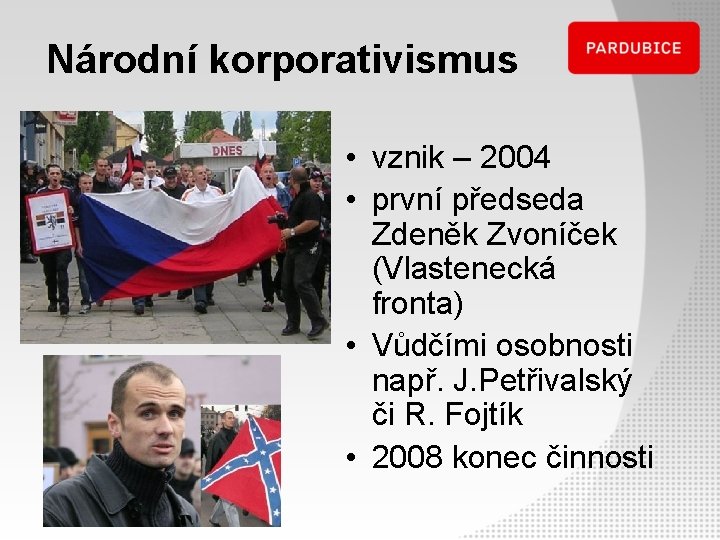Národní korporativismus • vznik – 2004 • první předseda Zdeněk Zvoníček (Vlastenecká fronta) •