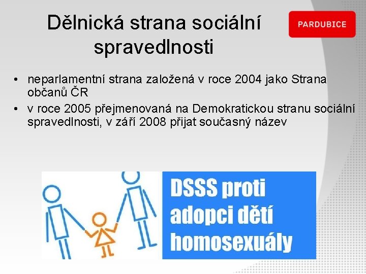 Dělnická strana sociální spravedlnosti • neparlamentní strana založená v roce 2004 jako Strana občanů