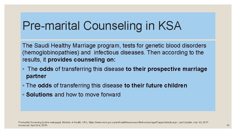 Pre-marital Counseling in KSA The Saudi Healthy Marriage program, tests for genetic blood disorders