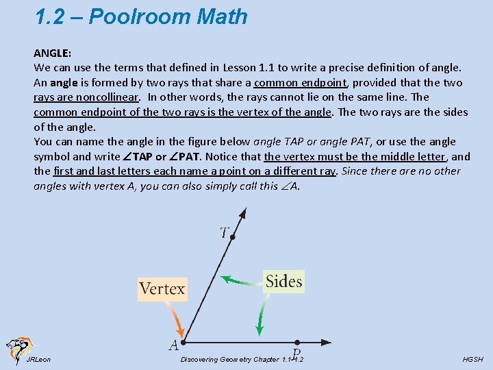 1. 2 – Poolroom Math ANGLE: We can use the terms that defined in