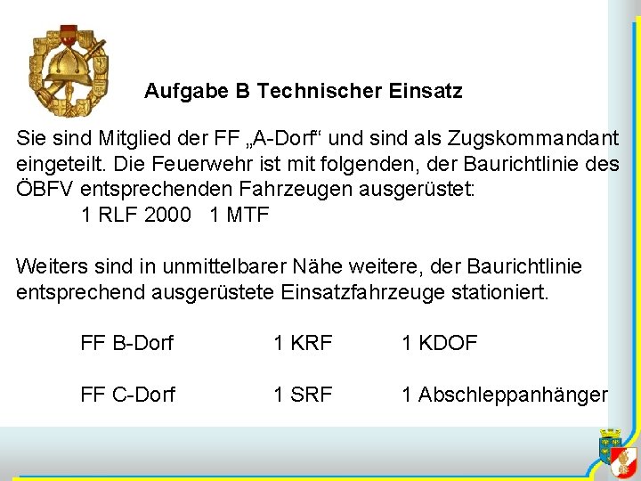 Aufgabe B Technischer Einsatz Sie sind Mitglied der FF „A-Dorf“ und sind als Zugskommandant