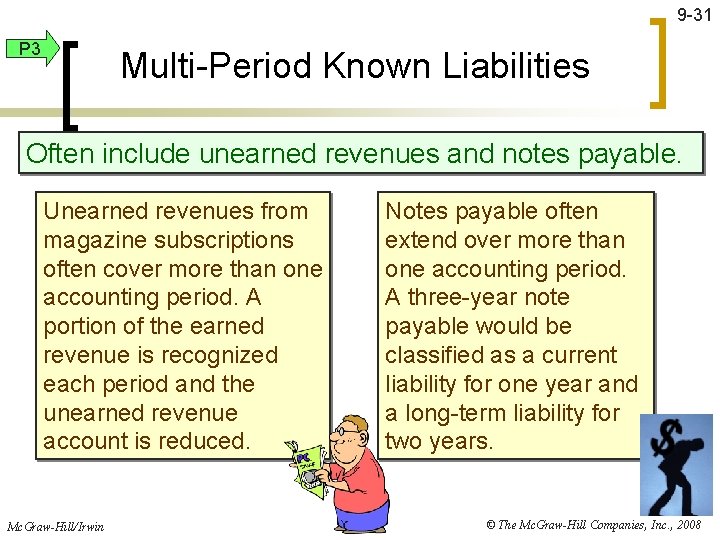 9 -31 P 3 Multi-Period Known Liabilities Often include unearned revenues and notes payable.