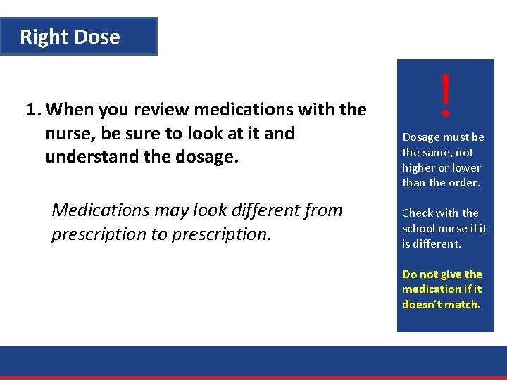 Right Dose 1. When you review medications with the nurse, be sure to look