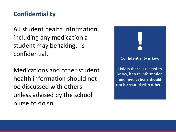 Confidentiality All student health information, including any medication a student may be taking, is