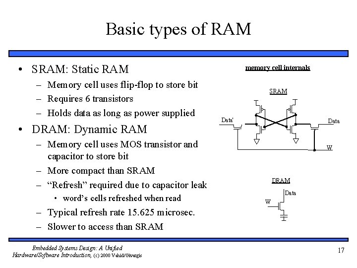 Basic types of RAM • SRAM: Static RAM – Memory cell uses flip-flop to