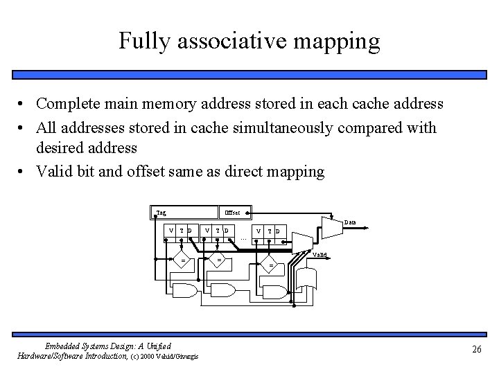 Fully associative mapping • Complete main memory address stored in each cache address •