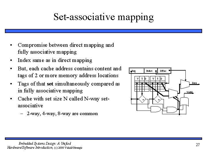 Set-associative mapping • Compromise between direct mapping and fully associative mapping • Index same