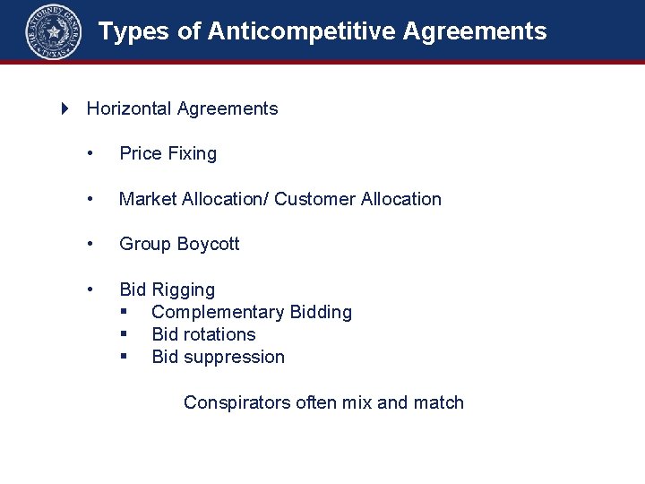 Types of Anticompetitive Agreements 4 Horizontal Agreements • Price Fixing • Market Allocation/ Customer
