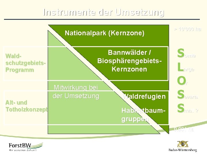 Instrumente der Umsetzung Nationalpark (Kernzone) Waldschutzgebiets. Programm Alt- und Totholzkonzept Bannwälder / Biosphärengebiets. Kernzonen