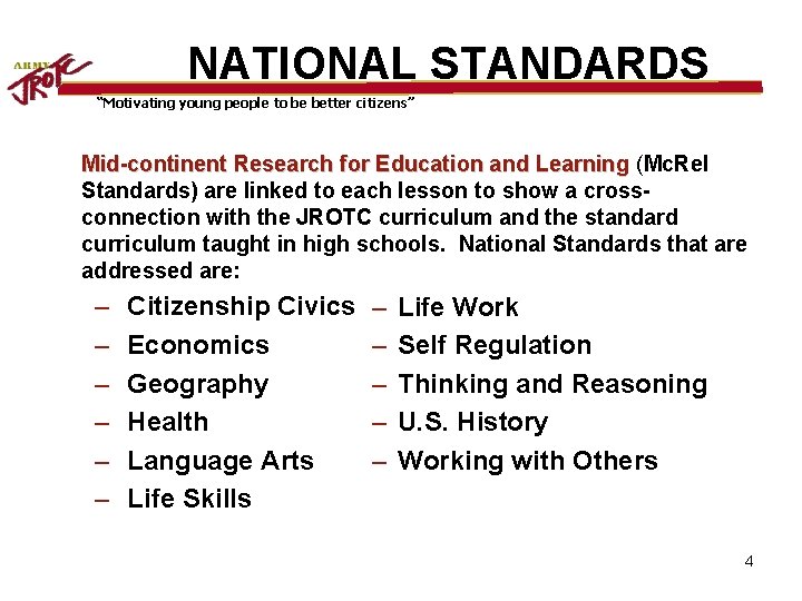 NATIONAL STANDARDS “Motivating young people to be better citizens” Mid-continent Research for Education and