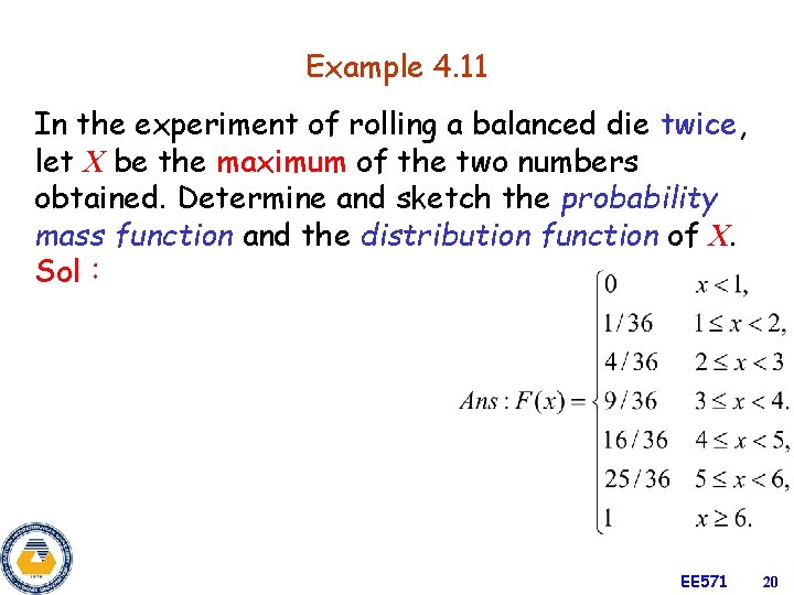 Example 4. 11 In the experiment of rolling a balanced die twice, let X