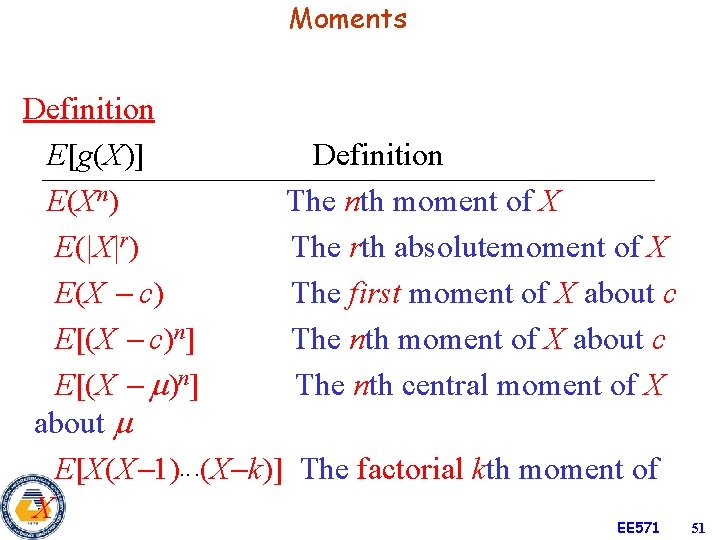 Moments Definition E[g(X)] Definition E(Xn) The nth moment of X E(|X|r) The rth absolutemoment