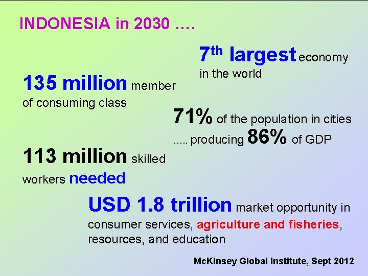 INDONESIA in 2030 …. 7 th largest economy 135 million member of consuming class