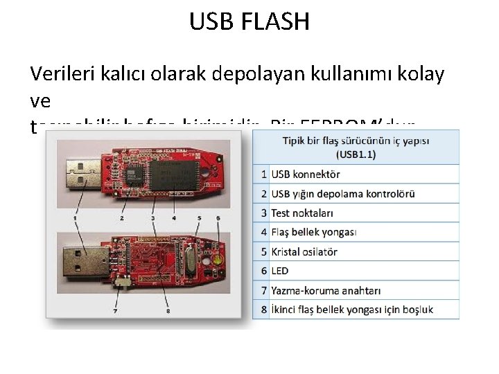 USB FLASH Verileri kalıcı olarak depolayan kullanımı kolay ve taşınabilir hafıza birimidir. Bir EEPROM’dur.