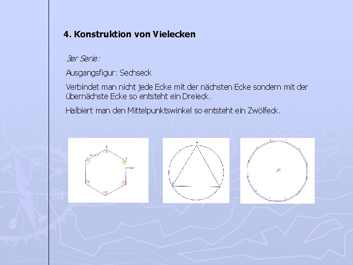 4. Konstruktion von Vielecken 3 er Serie: Ausgangsfigur: Sechseck Verbindet man nicht jede Ecke