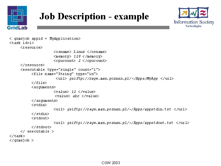 Job Description - example < grmsjob appid = My. Application> <task id=1> <resource> <osname>