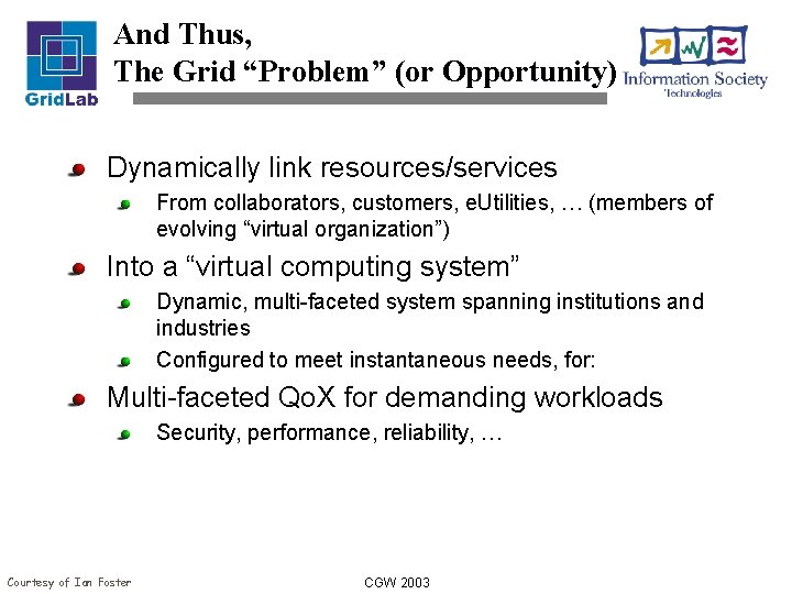 And Thus, The Grid “Problem” (or Opportunity) Dynamically link resources/services From collaborators, customers, e.