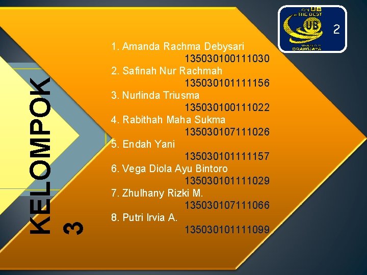 KELOMPOK 3 2 1. Amanda Rachma Debysari 135030100111030 2. Safinah Nur Rachmah 135030101111156 3.