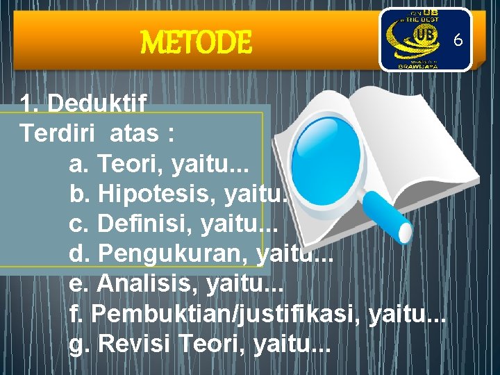 METODE 1. Deduktif Terdiri atas : a. Teori, yaitu. . . b. Hipotesis, yaitu.