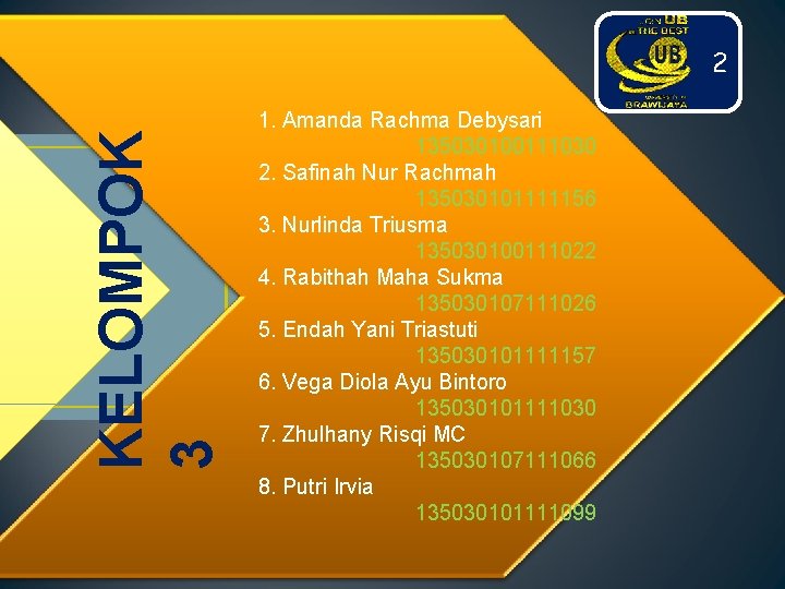 KELOMPOK 3 2 1. Amanda Rachma Debysari 135030100111030 2. Safinah Nur Rachmah 135030101111156 3.