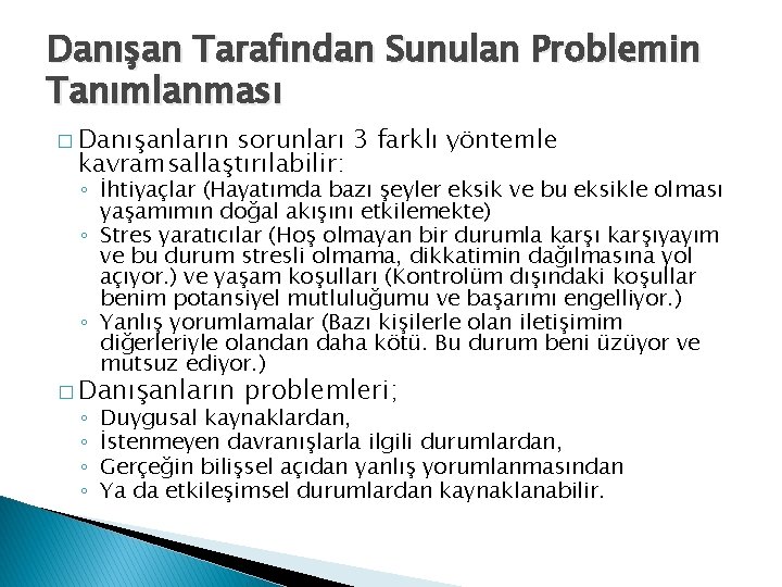 Danışan Tarafından Sunulan Problemin Tanımlanması � Danışanların sorunları 3 farklı yöntemle kavramsallaştırılabilir: ◦ İhtiyaçlar