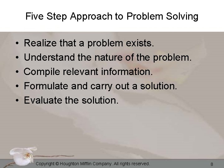 Five Step Approach to Problem Solving • • • Realize that a problem exists.