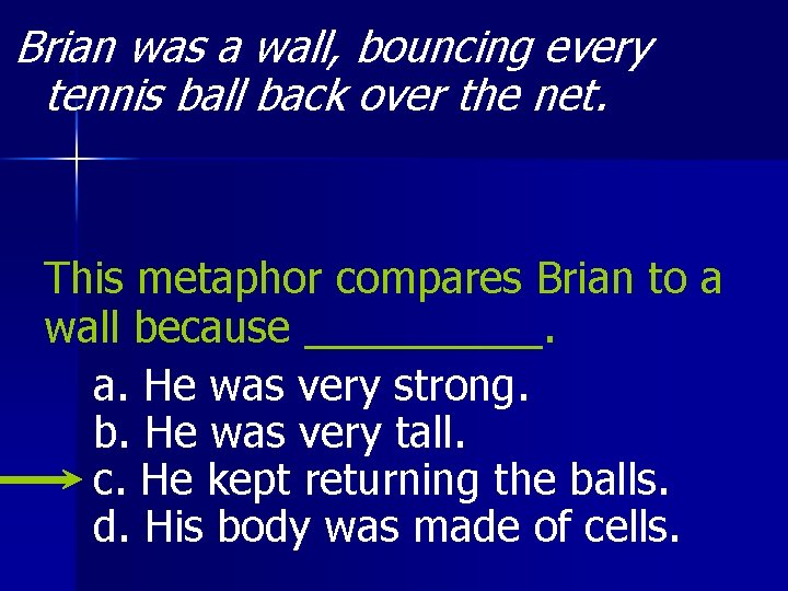 Brian was a wall, bouncing every tennis ball back over the net. This metaphor