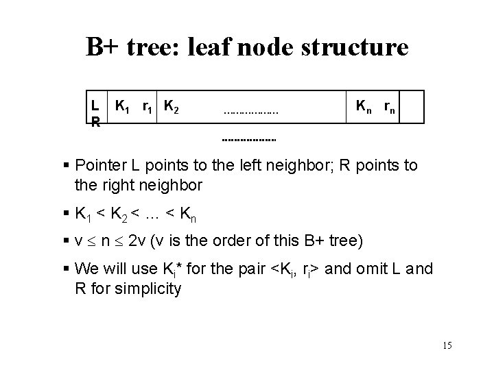 B+ tree: leaf node structure L K 1 r 1 K 2 R ………………