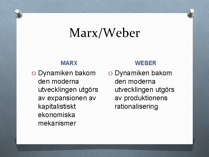 Marx/Weber MARX O Dynamiken bakom den moderna utvecklingen utgörs av expansionen av kapitalistiskt ekonomiska