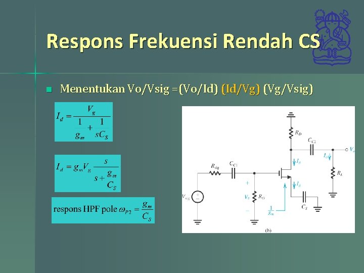 Respons Frekuensi Rendah CS n Menentukan Vo/Vsig =(Vo/Id) (Id/Vg) (Vg/Vsig) 