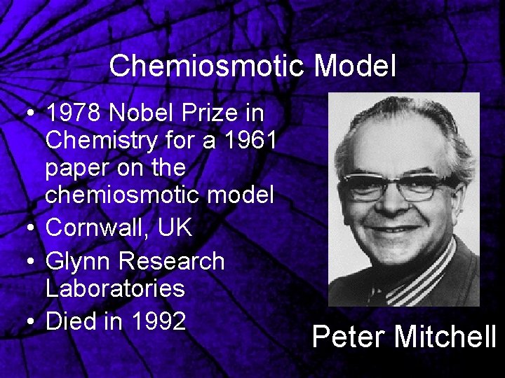 Chemiosmotic Model • 1978 Nobel Prize in Chemistry for a 1961 paper on the