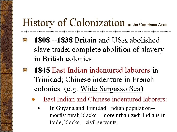 History of Colonization in the Caribbean Area 1808 --1838 Britain and USA abolished slave