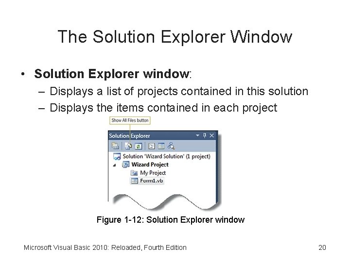 The Solution Explorer Window • Solution Explorer window: – Displays a list of projects