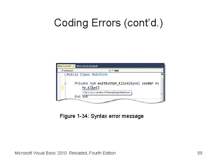 Coding Errors (cont’d. ) Figure 1 -34: Syntax error message Microsoft Visual Basic 2010: